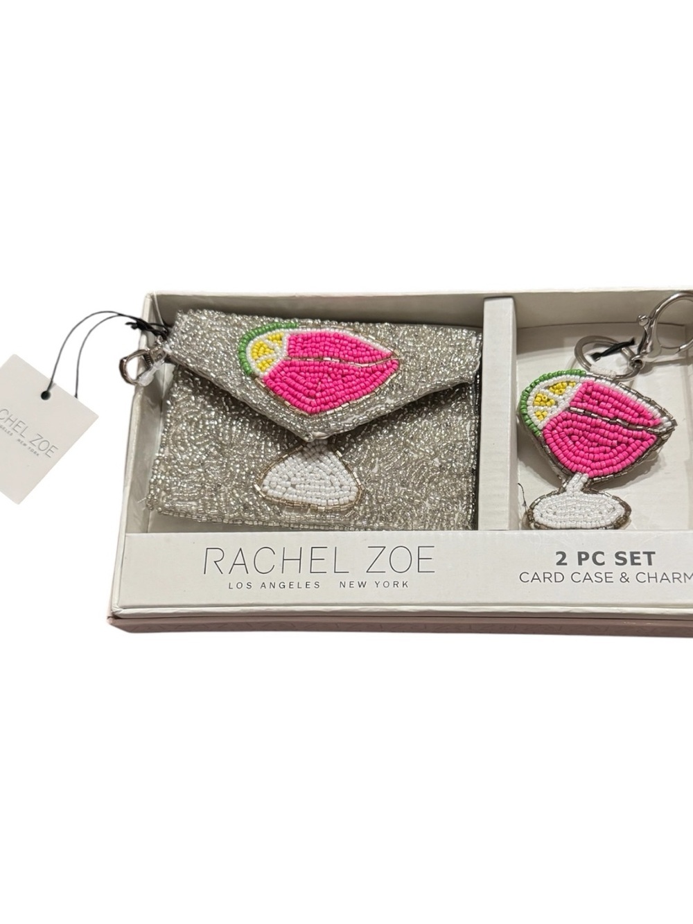 Rachel Zoe Silver Beaded Card Case with Pink & Yellow Cocktail Charm. NWT.